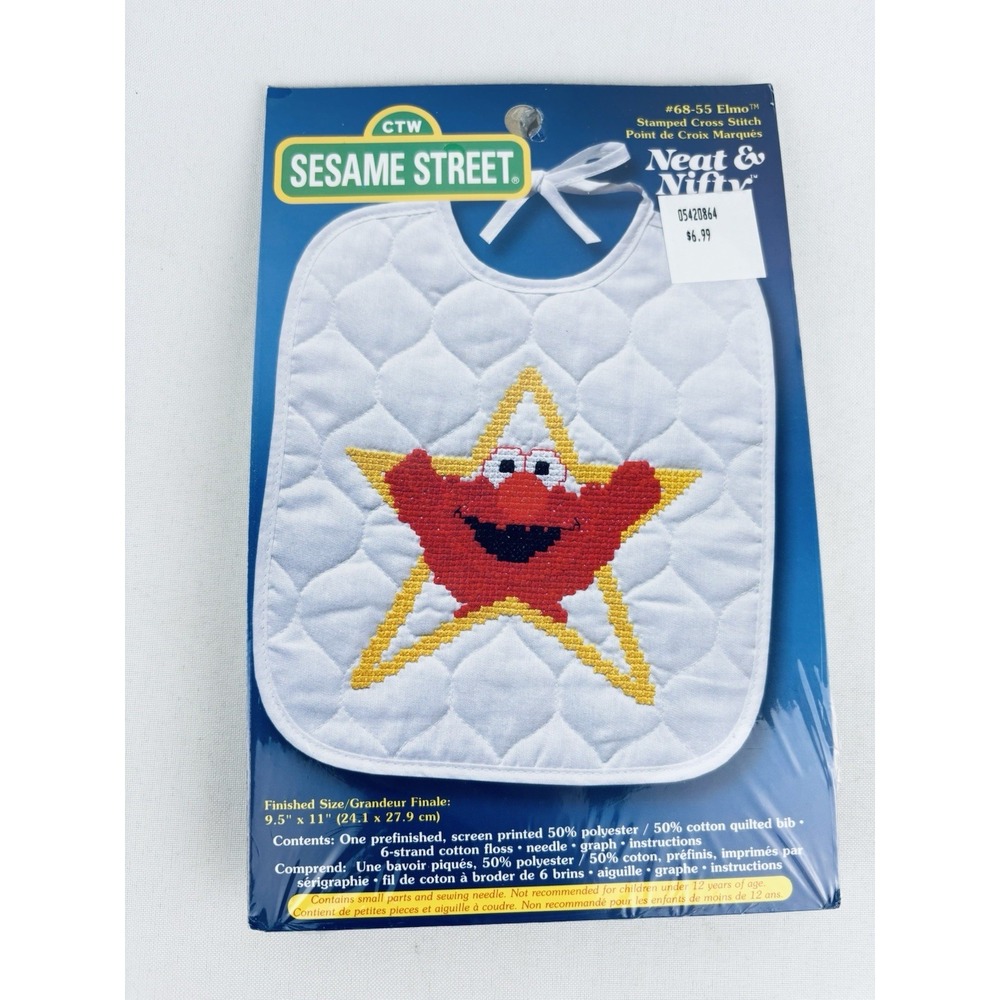 NOS Janlynn Neat & Nifty Stamped Cross Stitch Kit Sesame Street ELMO Bib Vintage